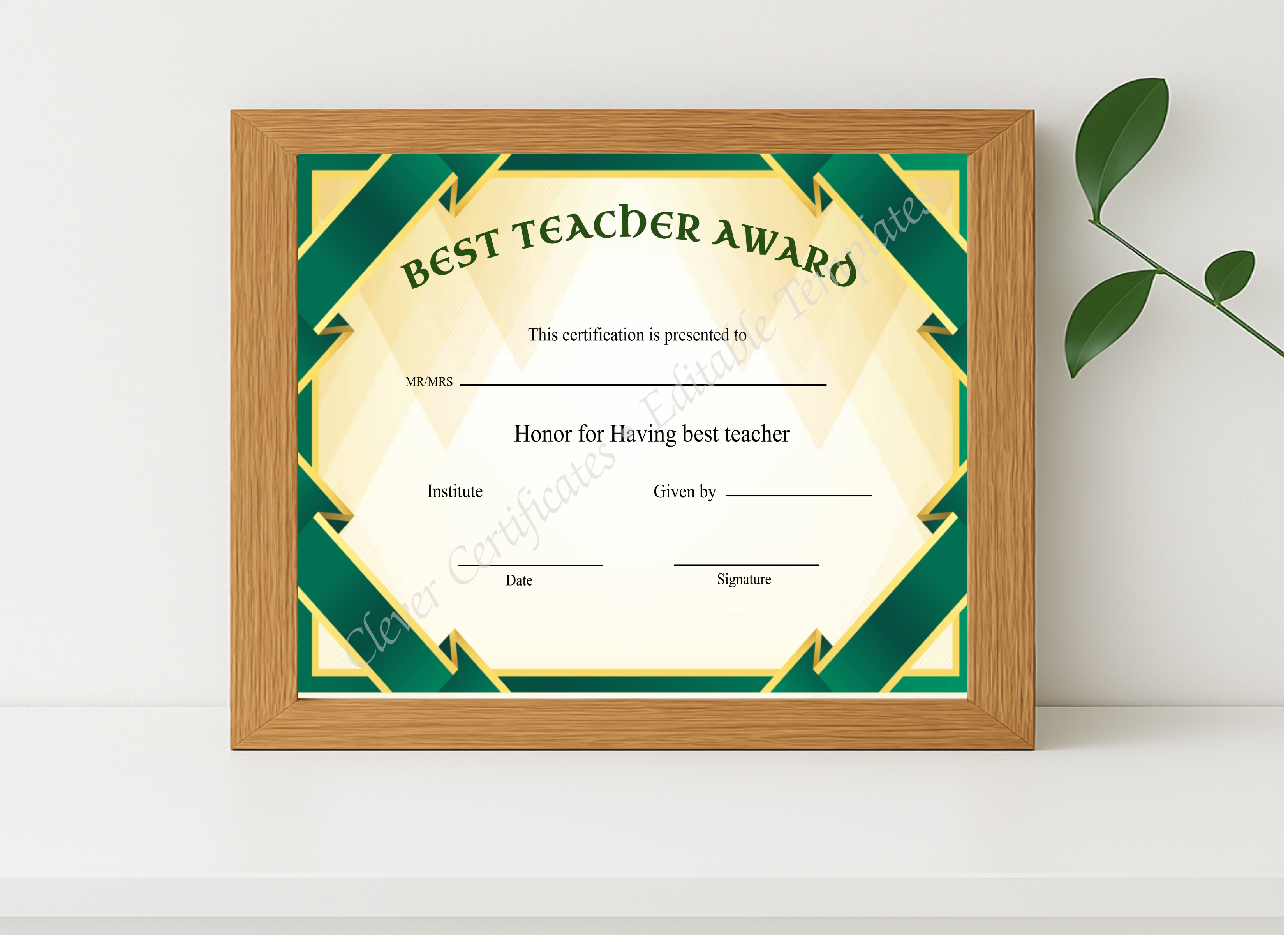 Realistic mockup featuring Editable Best Teacher Award Certificate displayed within a modern frame, set against a minimalistic background.