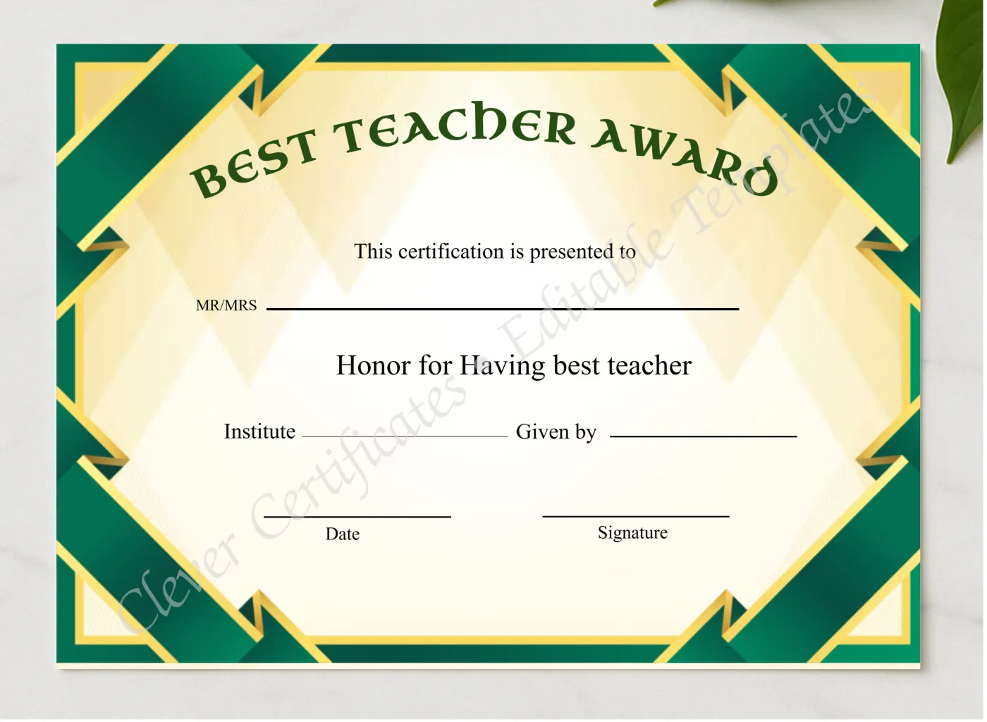 Editable Best Teacher Award Certificate presented in a sleek wooden frame, elegantly arranged on a stylish table.
