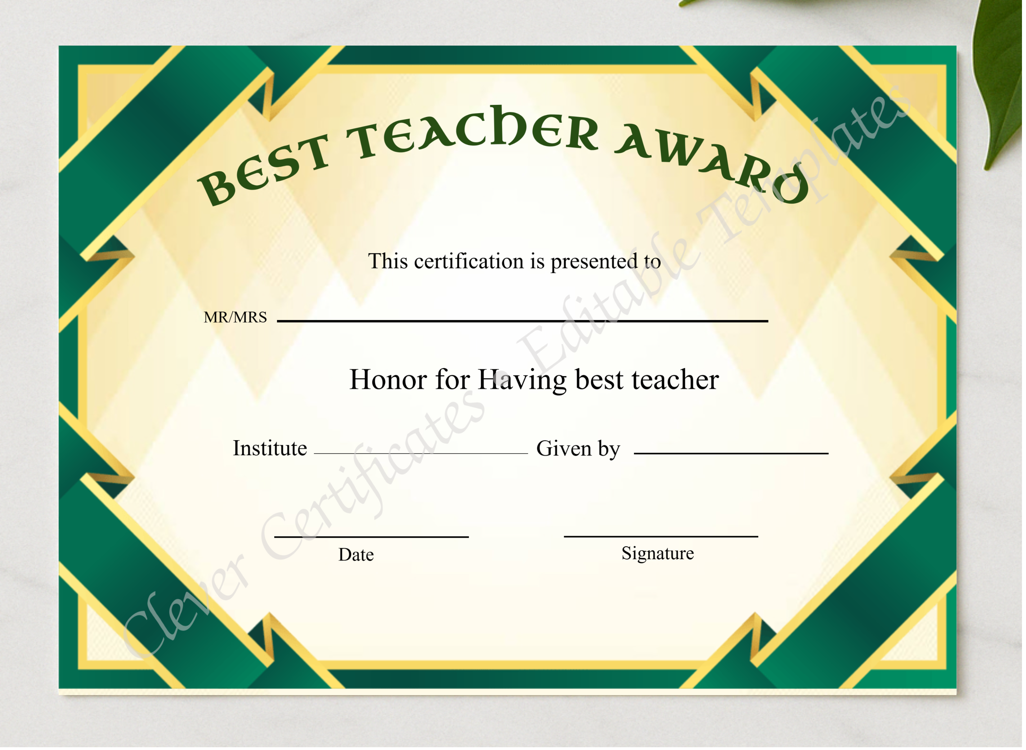 Editable Best Teacher Award Certificate presented in a sleek wooden frame, elegantly arranged on a stylish table.