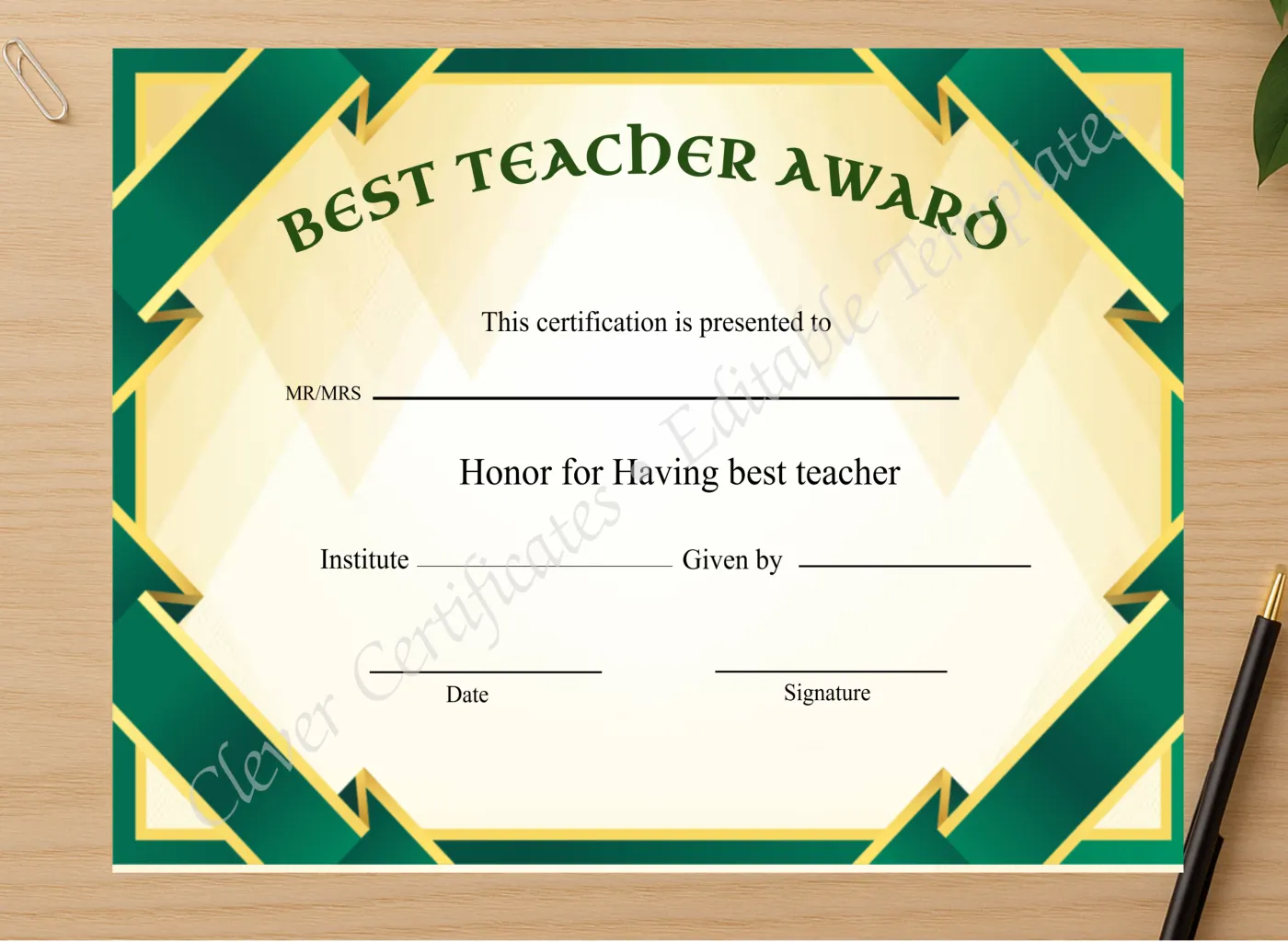Professional preview of Editable Best Teacher Award Certificate certificate on high-quality stationery paper, ideal for showcasing the final look.
