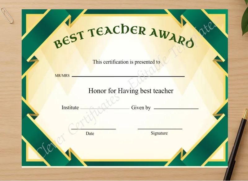 Professional preview of Editable Best Teacher Award Certificate certificate on high-quality stationery paper, ideal for showcasing the final look.