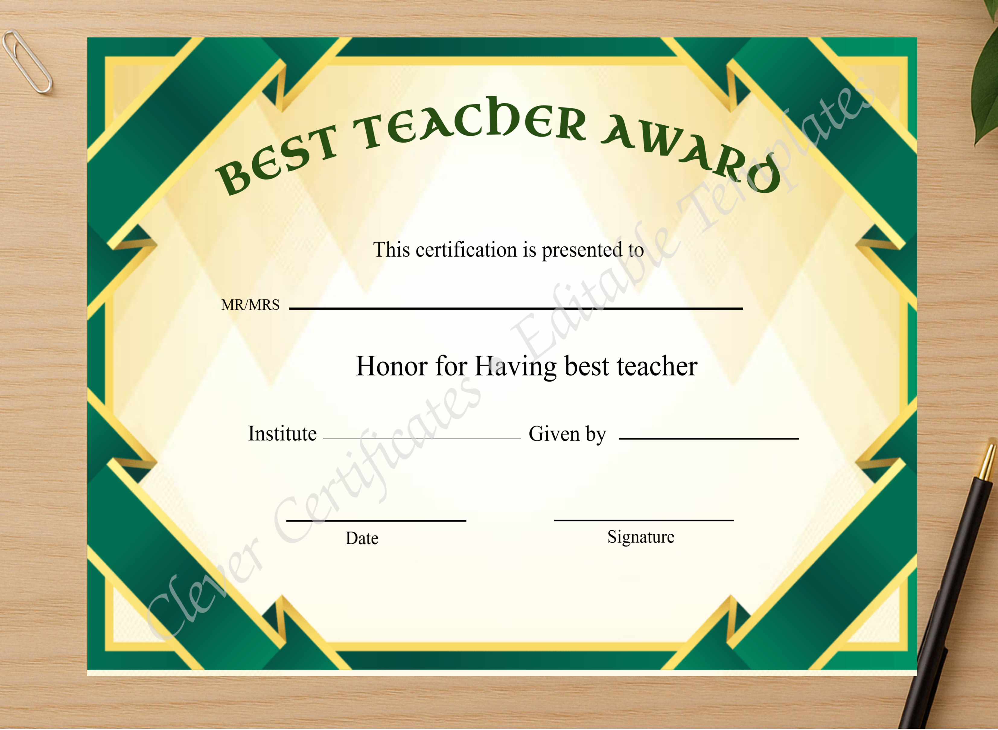 Professional preview of Editable Best Teacher Award Certificate certificate on high-quality stationery paper, ideal for showcasing the final look.