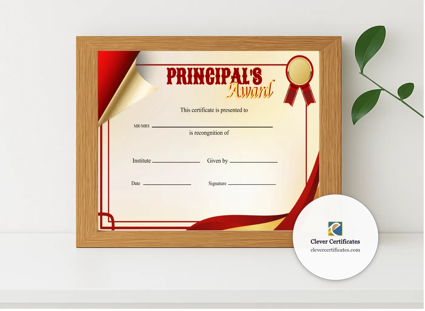 Realistic mockup featuring Editable Principal Award displayed within a modern frame, set against a minimalistic background.