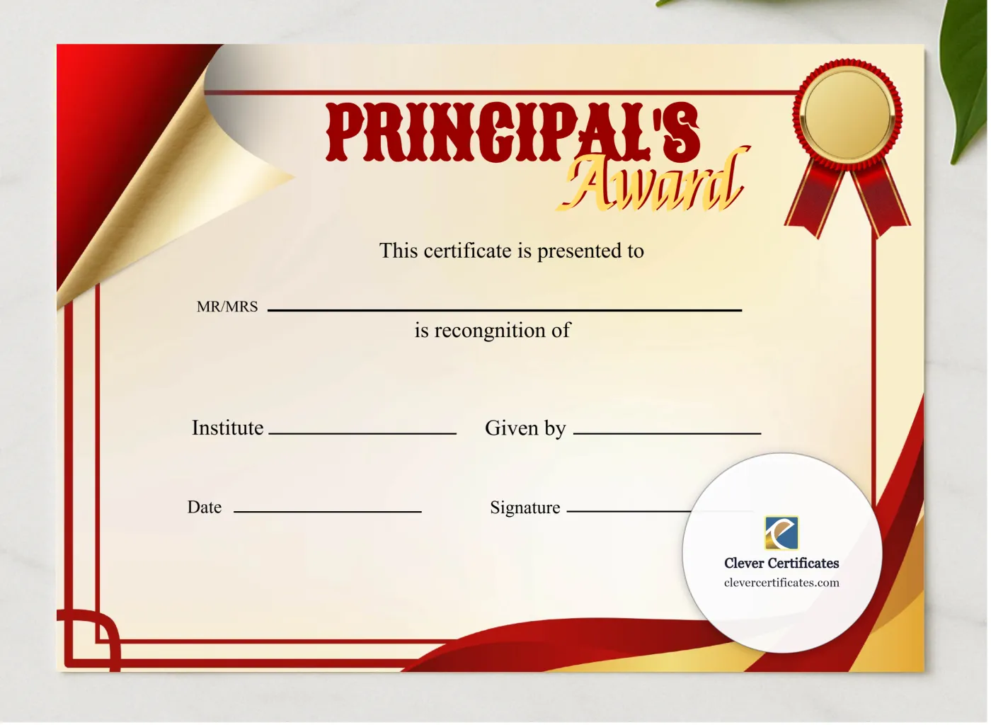 Editable Principal Award presented in a sleek wooden frame, elegantly arranged on a stylish table.