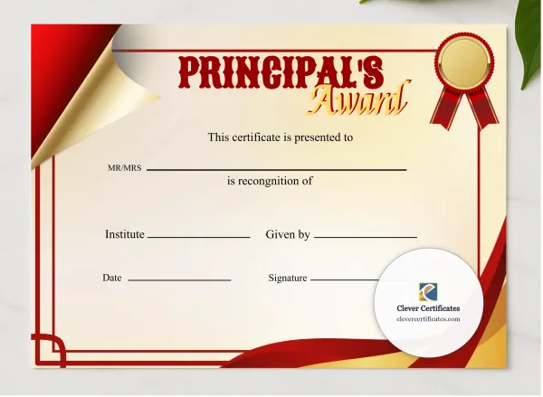 Editable Principal Award presented in a sleek wooden frame, elegantly arranged on a stylish table.