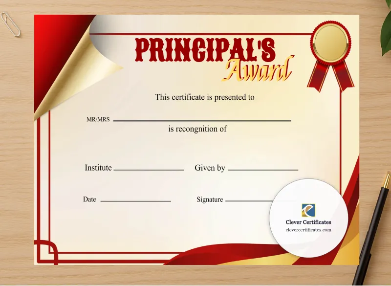 Professional preview of Editable Principal Award certificate on high-quality stationery paper, ideal for showcasing the final look.