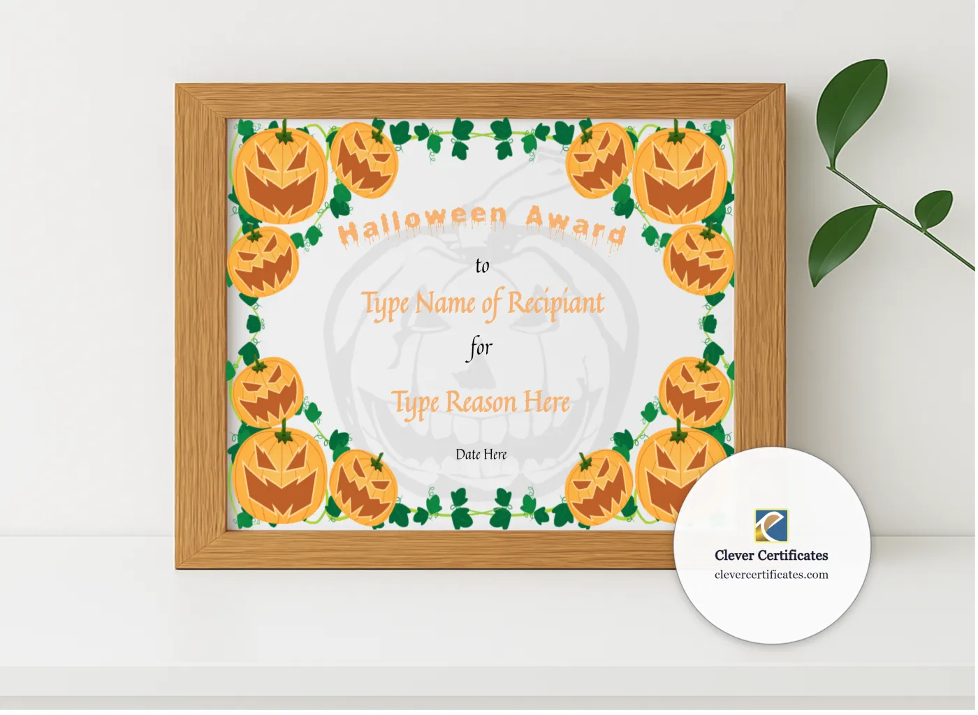 Realistic mockup featuring Halloween Award Certificate displayed within a modern frame, set against a minimalistic background.