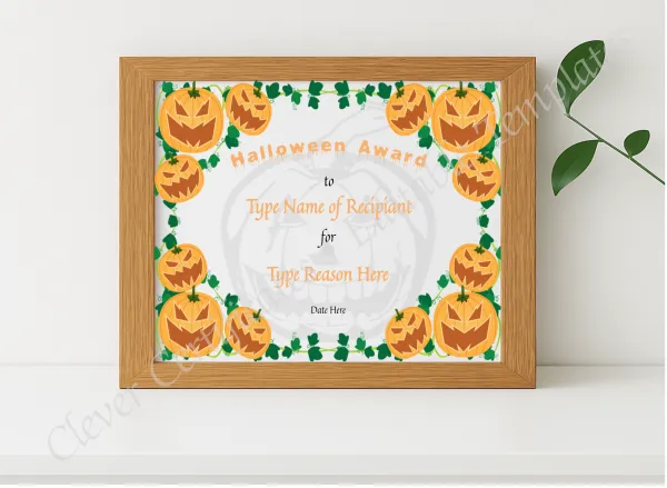 Realistic mockup featuring Halloween Award Certificate displayed within a modern frame, set against a minimalistic background.