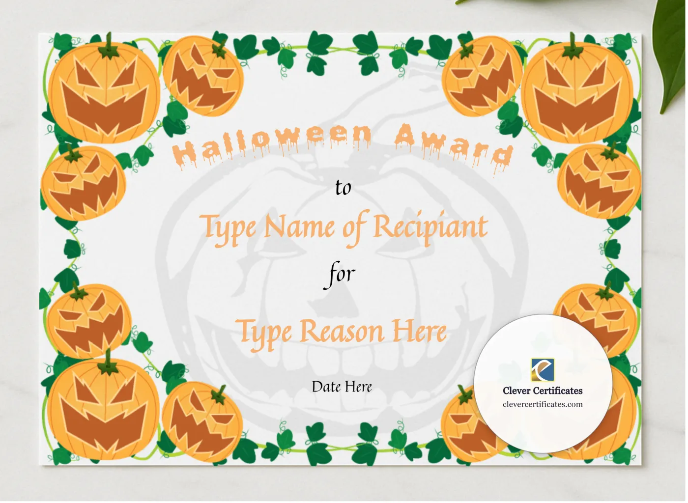 Halloween Award Certificate presented in a sleek wooden frame, elegantly arranged on a stylish table.