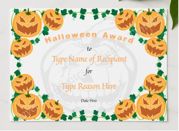 Halloween Award Certificate presented in a sleek wooden frame, elegantly arranged on a stylish table.
