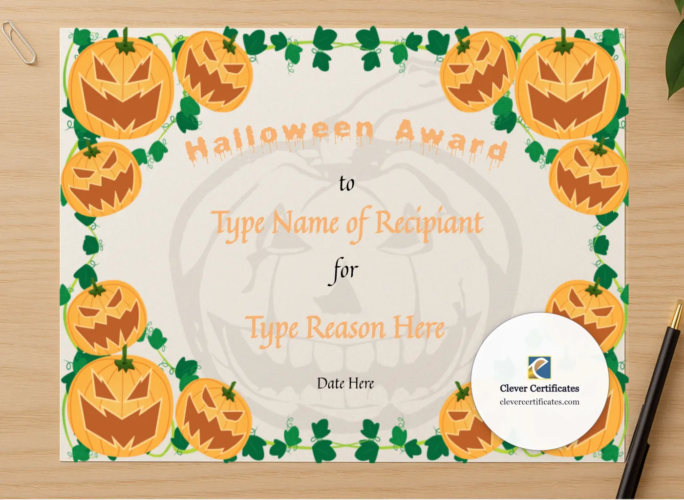 Professional preview of Halloween Award Certificate certificate on high-quality stationery paper, ideal for showcasing the final look.