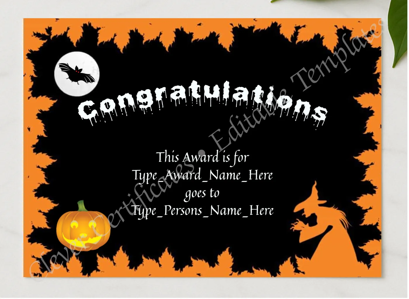 Halloween Congratulations presented in a sleek wooden frame, elegantly arranged on a stylish table.