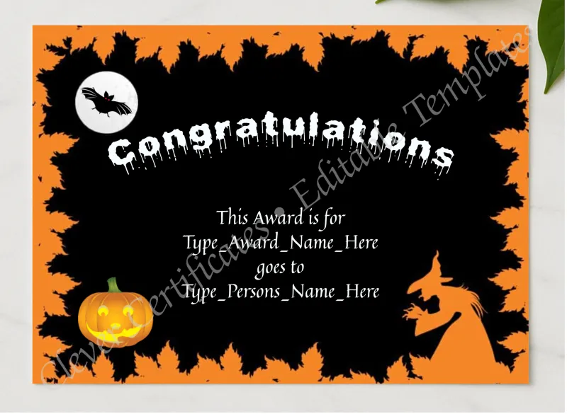 Halloween Congratulations presented in a sleek wooden frame, elegantly arranged on a stylish table.