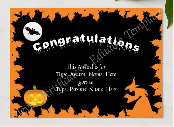 Halloween Congratulations presented in a sleek wooden frame, elegantly arranged on a stylish table.