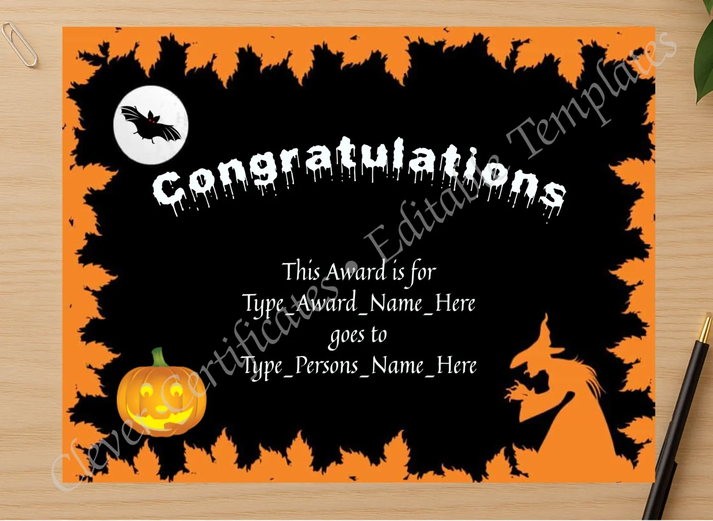 Professional preview of Halloween Congratulations certificate on high-quality stationery paper, ideal for showcasing the final look.