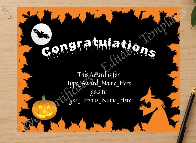 Professional preview of Halloween Congratulations certificate on high-quality stationery paper, ideal for showcasing the final look.