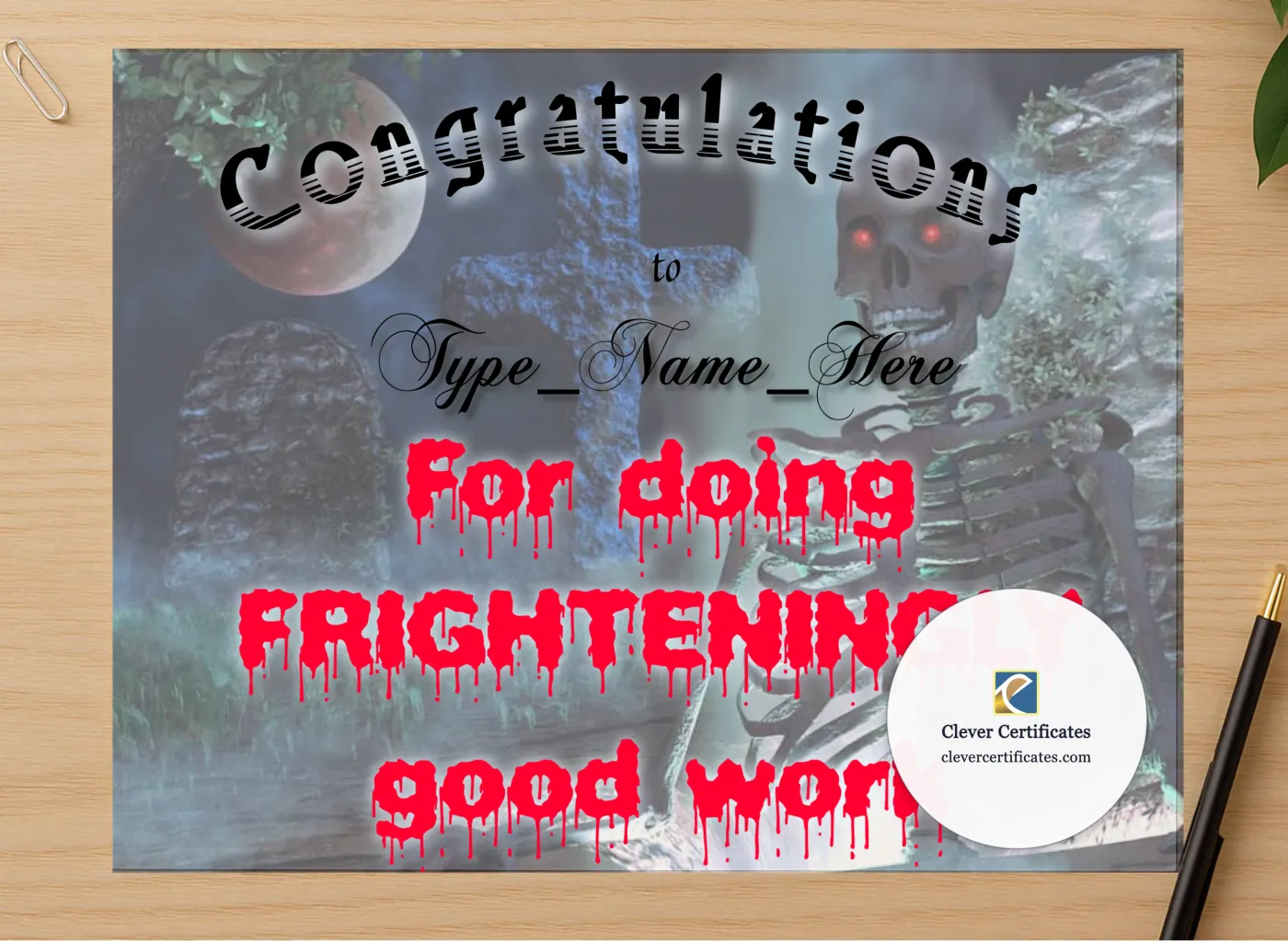 Professional preview of Halloween Frighteningly Good certificate on high-quality stationery paper, ideal for showcasing the final look.