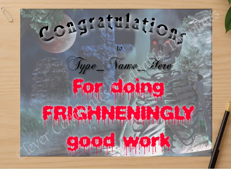 Professional preview of Halloween Frighteningly Good certificate on high-quality stationery paper, ideal for showcasing the final look.