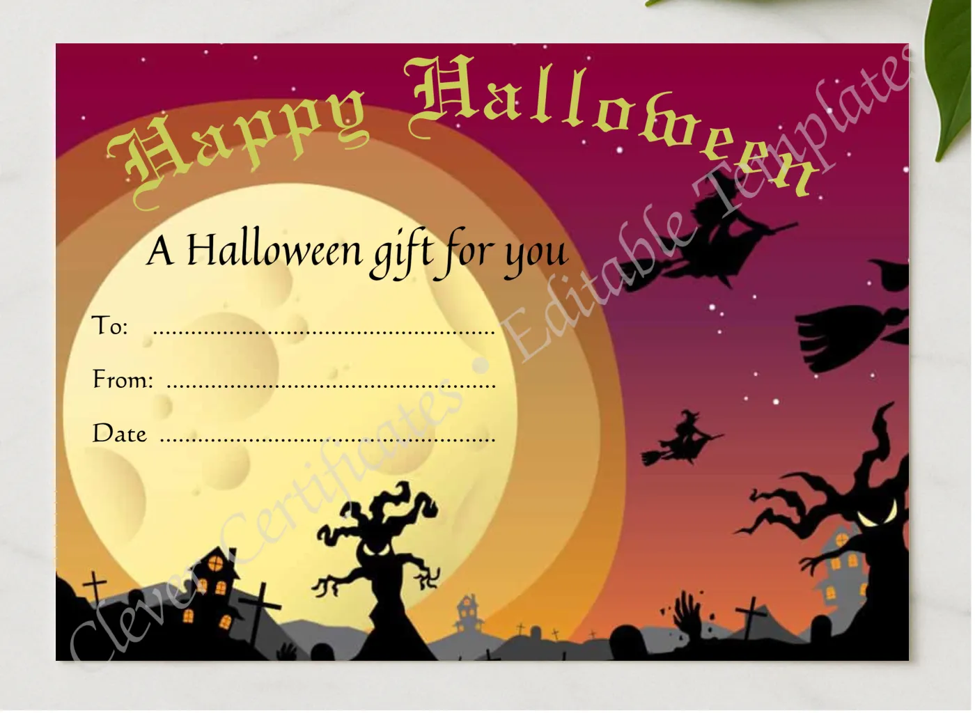 Halloween Gift Certificate presented in a sleek wooden frame, elegantly arranged on a stylish table.