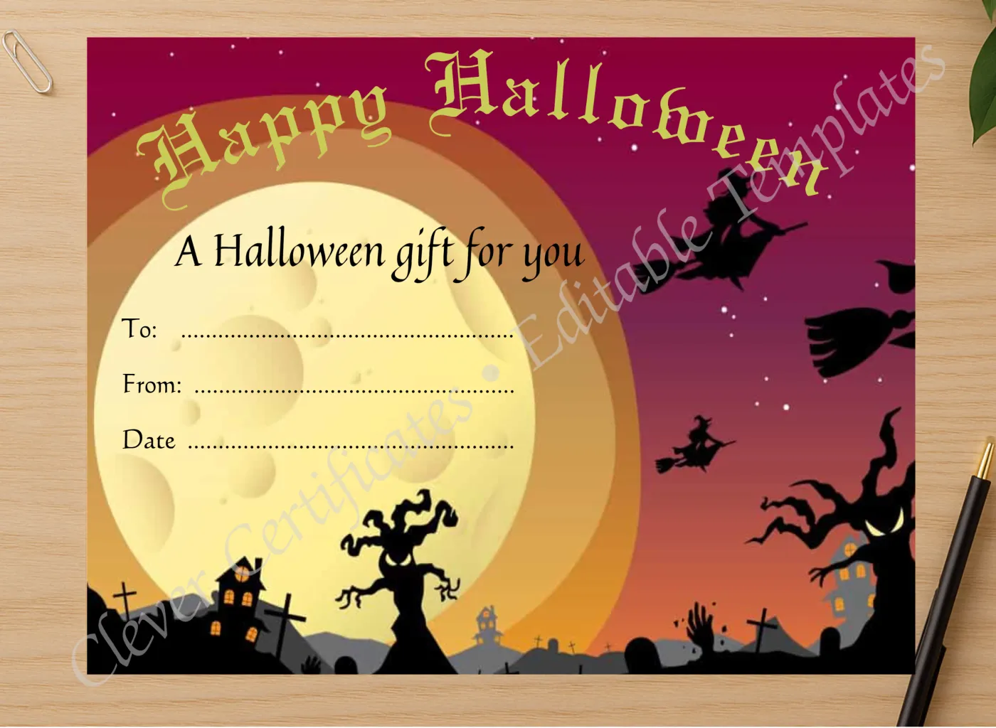Professional preview of Halloween Gift Certificate certificate on high-quality stationery paper, ideal for showcasing the final look.