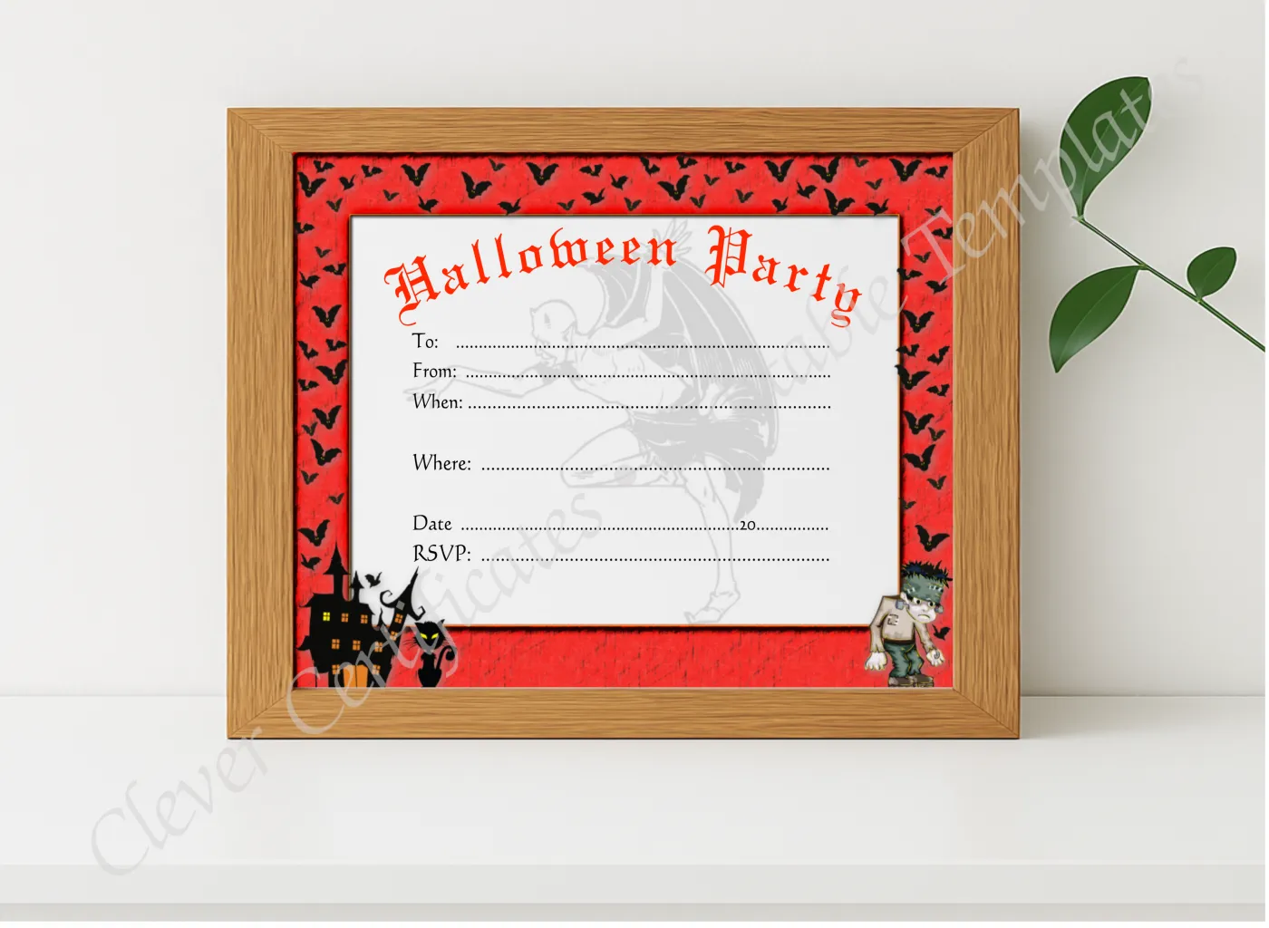 Realistic mockup featuring Halloween Party Invitation displayed within a modern frame, set against a minimalistic background.