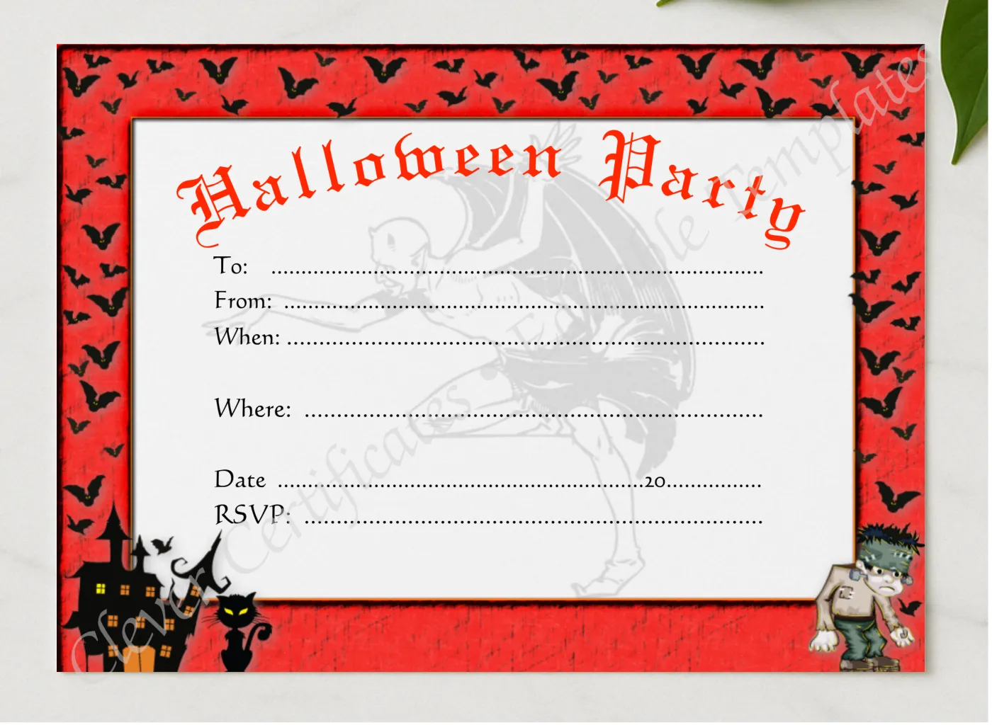 Halloween Party Invitation presented in a sleek wooden frame, elegantly arranged on a stylish table.