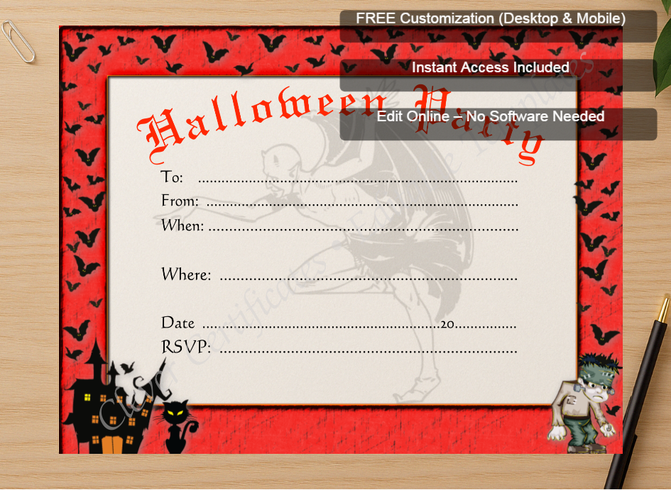 Zoomed preview with Free Editor badge stack for Halloween Party Invitation