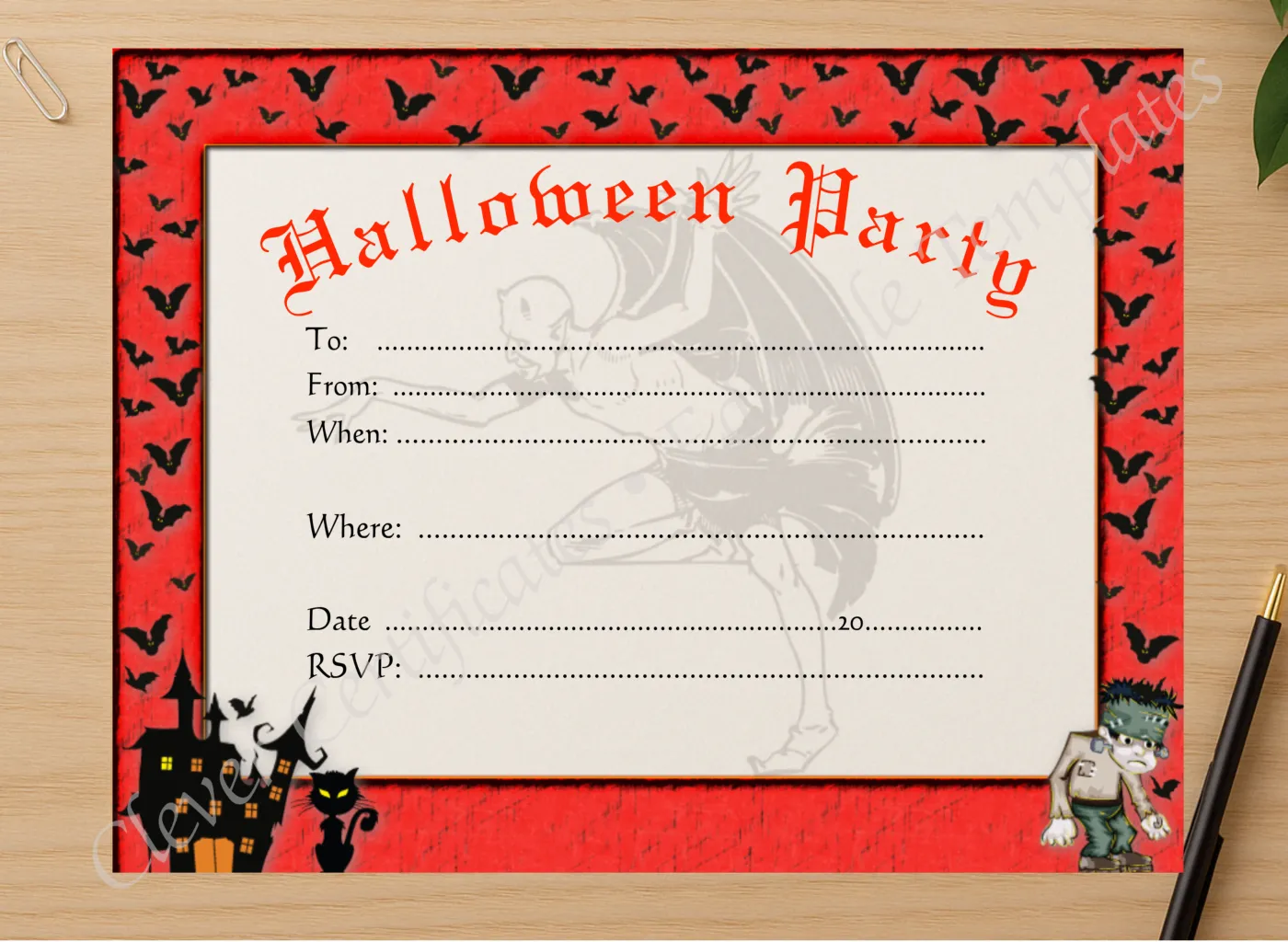 Professional preview of Halloween Party Invitation certificate on high-quality stationery paper, ideal for showcasing the final look.