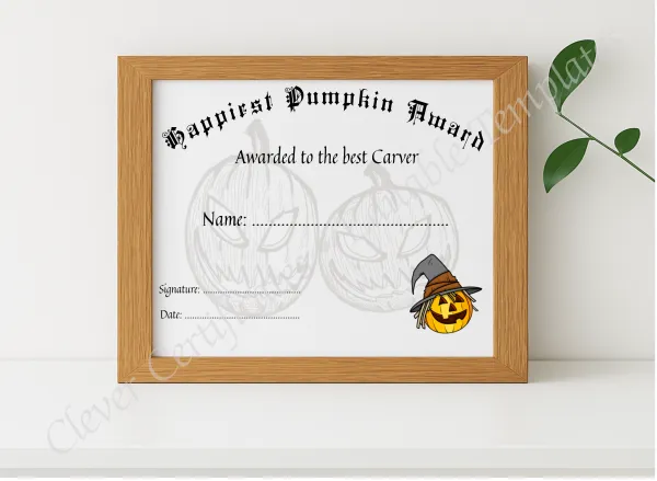 Realistic mockup featuring Happiest Pumpkin Award displayed within a modern frame, set against a minimalistic background.