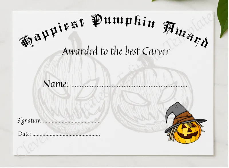 Happiest Pumpkin Award presented in a sleek wooden frame, elegantly arranged on a stylish table.