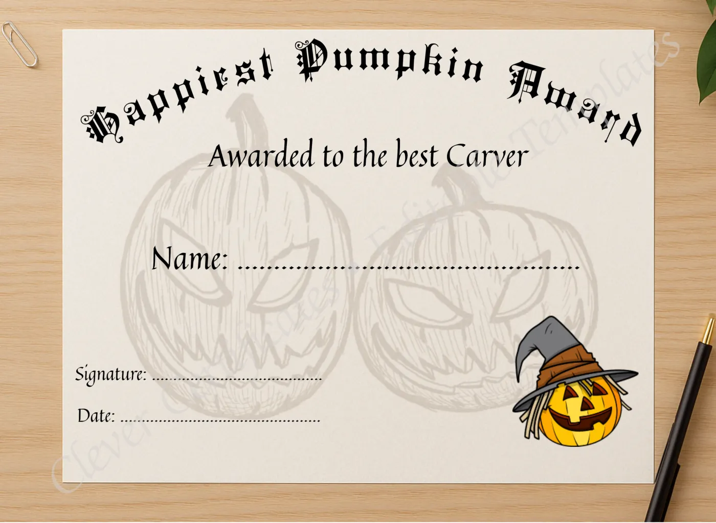 Professional preview of Happiest Pumpkin Award certificate on high-quality stationery paper, ideal for showcasing the final look.