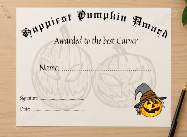 Professional preview of Happiest Pumpkin Award certificate on high-quality stationery paper, ideal for showcasing the final look.