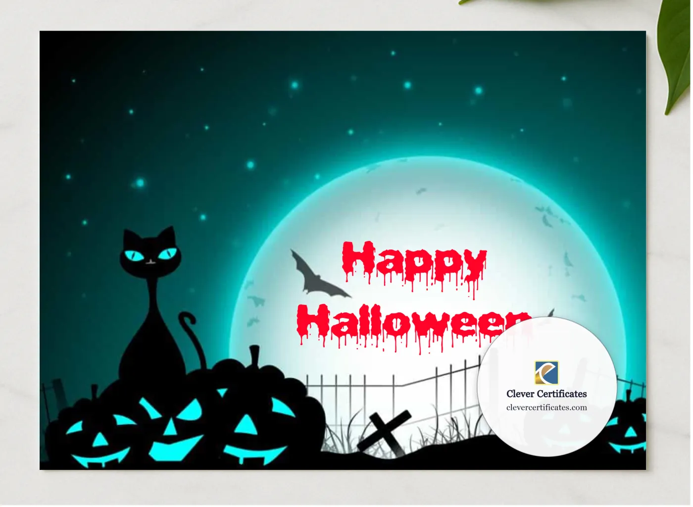 Happy Halloween Certificate presented in a sleek wooden frame, elegantly arranged on a stylish table.