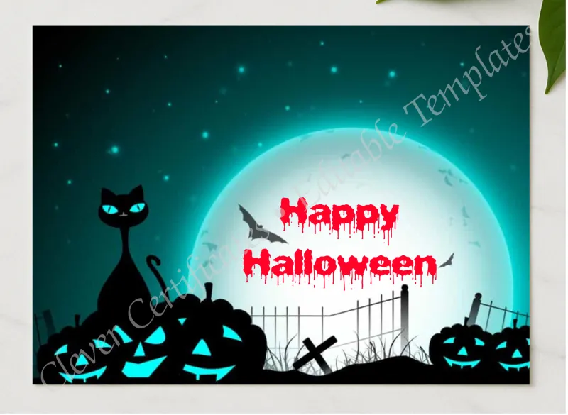 Happy Halloween Certificate presented in a sleek wooden frame, elegantly arranged on a stylish table.