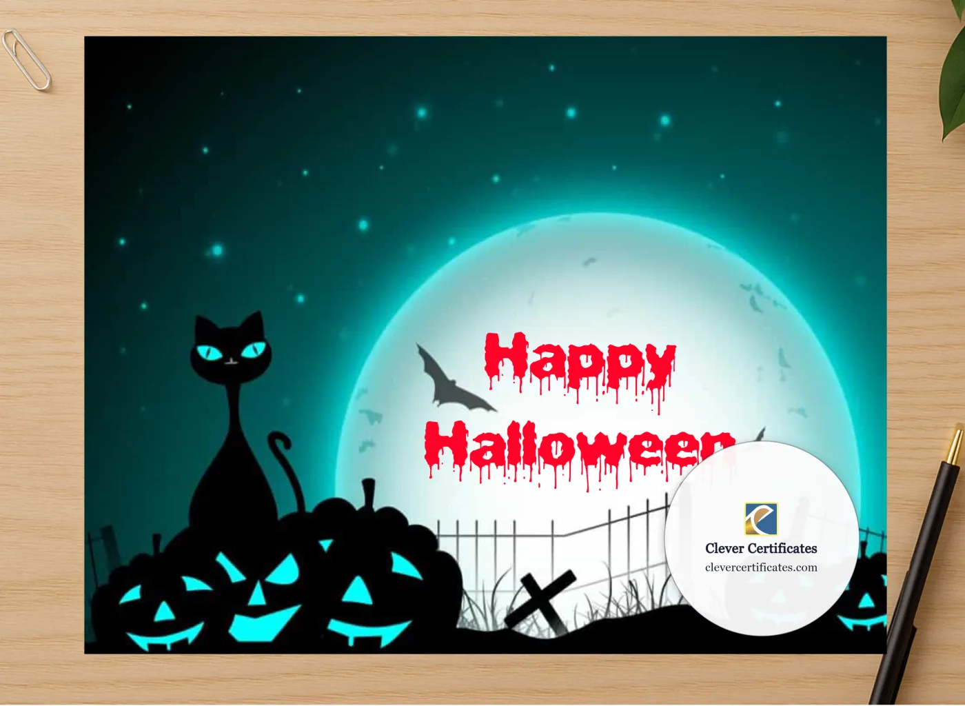 Professional preview of Happy Halloween Certificate certificate on high-quality stationery paper, ideal for showcasing the final look.