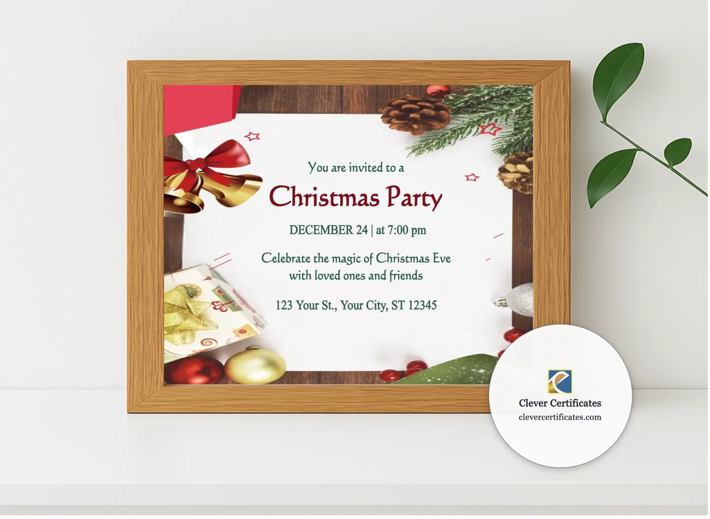 Realistic mockup featuring Editable Illustrative Christmas Party Invitation Template displayed within a modern frame, set against a minimalistic background.