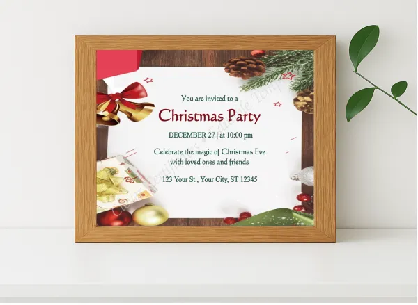 Realistic mockup featuring Editable Illustrative Christmas Party Invitation Template displayed within a modern frame, set against a minimalistic background.