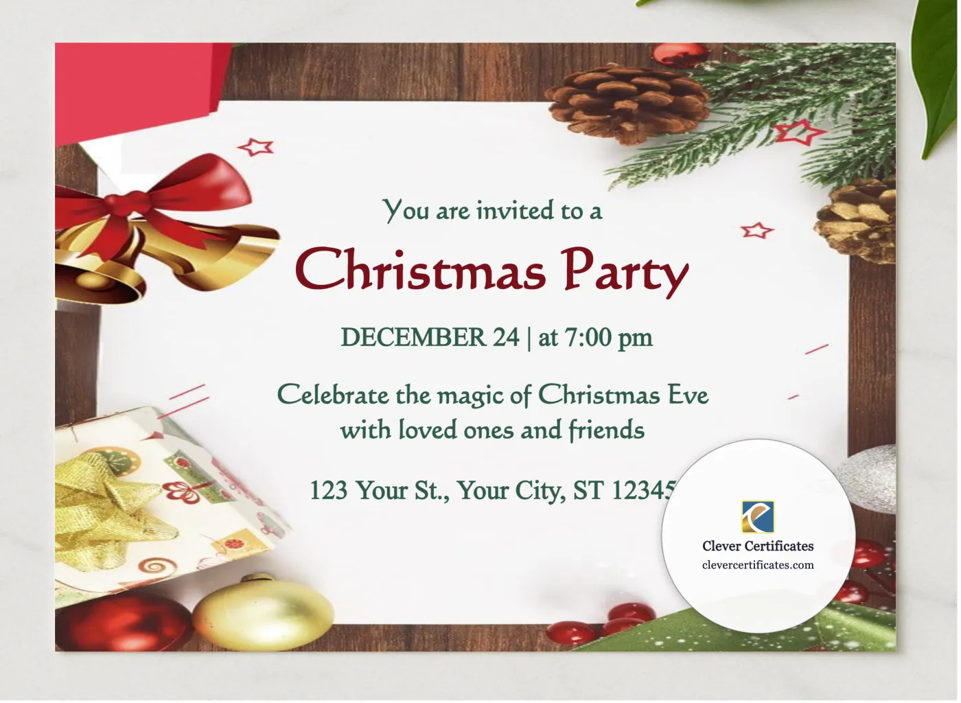 Editable Illustrative Christmas Party Invitation Template presented in a sleek wooden frame, elegantly arranged on a stylish table.