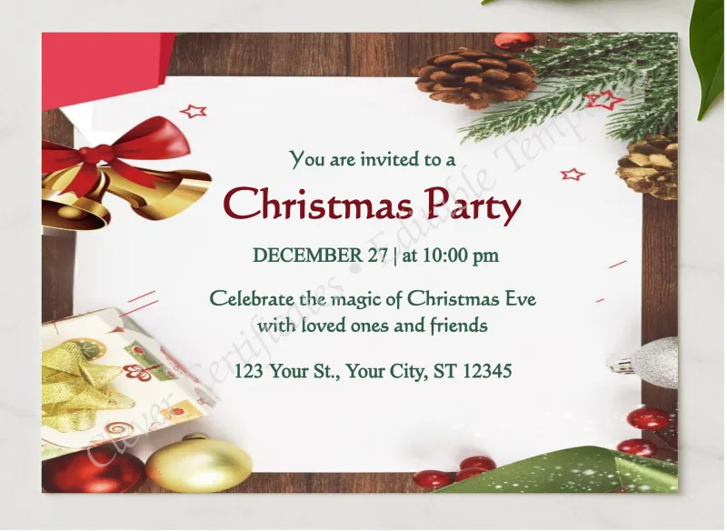 Editable Illustrative Christmas Party Invitation Template presented in a sleek wooden frame, elegantly arranged on a stylish table.