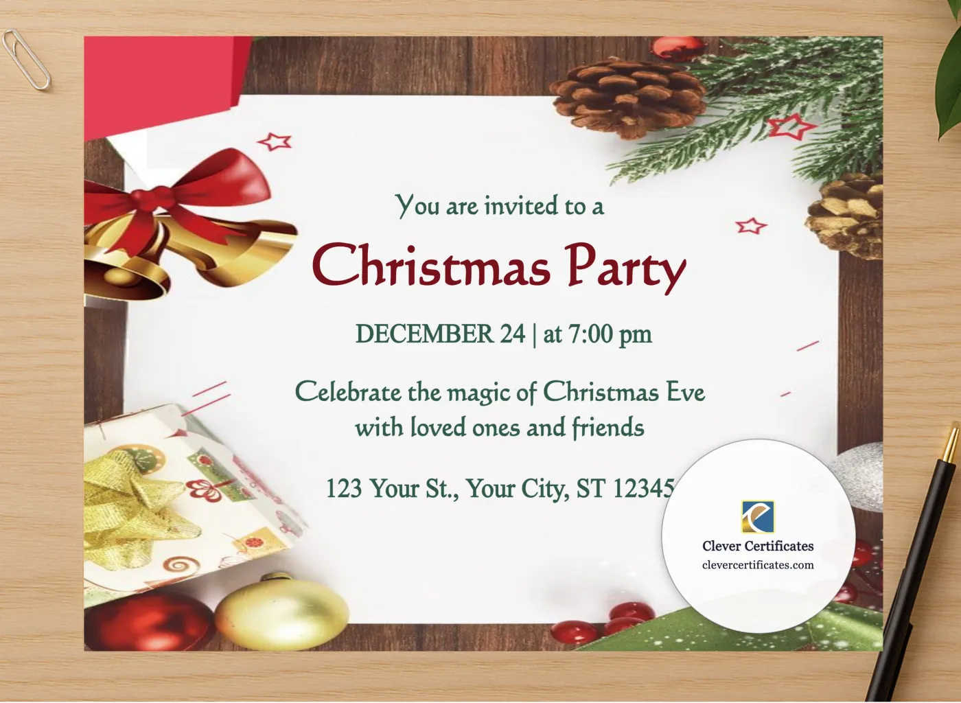 Professional preview of Editable Illustrative Christmas Party Invitation Template certificate on high-quality stationery paper, ideal for showcasing the final look.