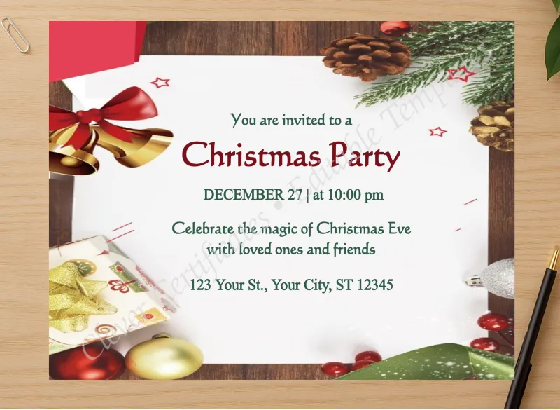 Professional preview of Editable Illustrative Christmas Party Invitation Template certificate on high-quality stationery paper, ideal for showcasing the final look.