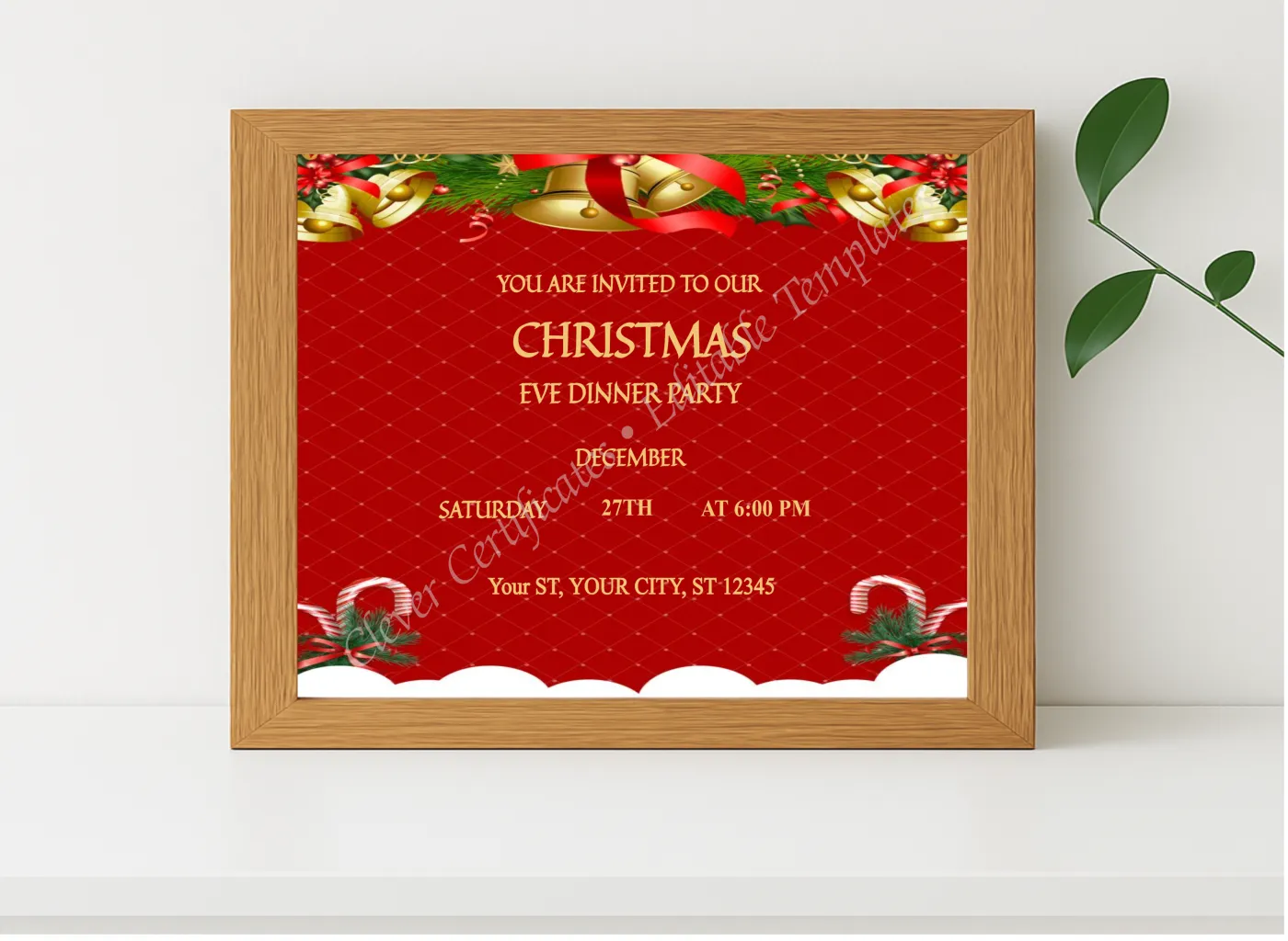 Realistic mockup featuring Editable Red Christmas Eve Party Invitation Template displayed within a modern frame, set against a minimalistic background.