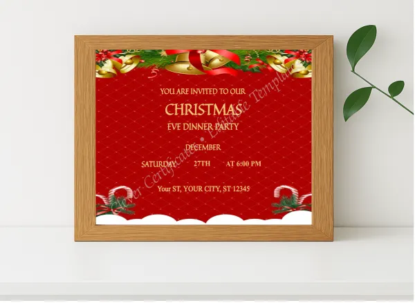 Realistic mockup featuring Editable Red Christmas Eve Party Invitation Template displayed within a modern frame, set against a minimalistic background.