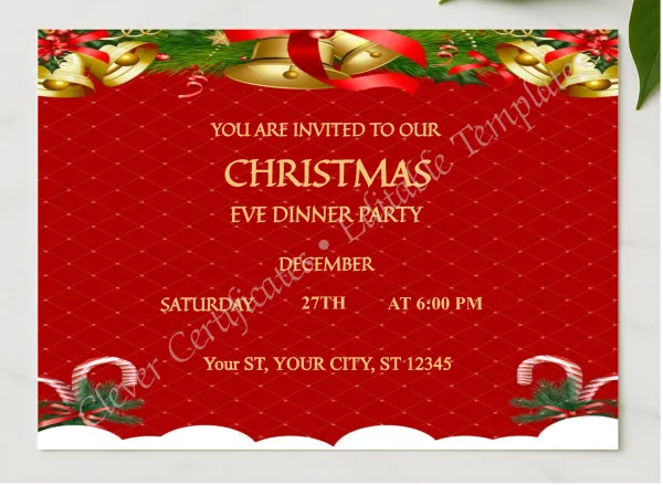 Editable Red Christmas Eve Party Invitation Template presented in a sleek wooden frame, elegantly arranged on a stylish table.