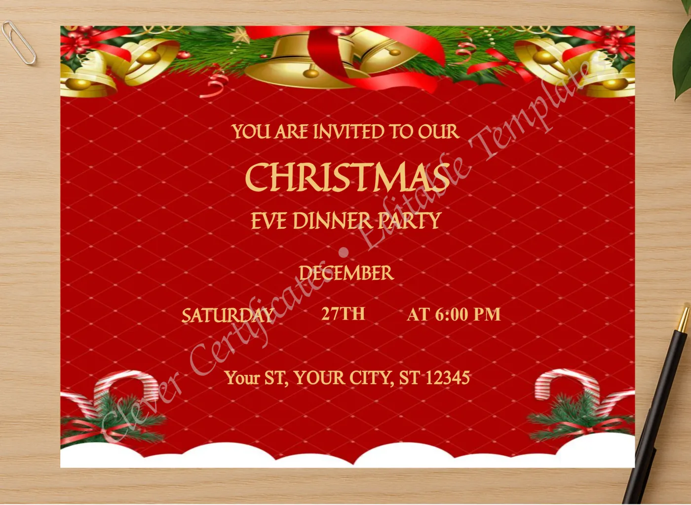 Professional preview of Editable Red Christmas Eve Party Invitation Template certificate on high-quality stationery paper, ideal for showcasing the final look.