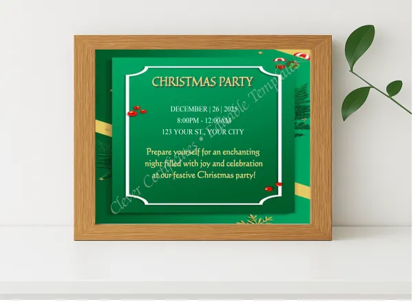 Realistic mockup featuring Editable Elegant Christmas Party Invitation Template displayed within a modern frame, set against a minimalistic background.