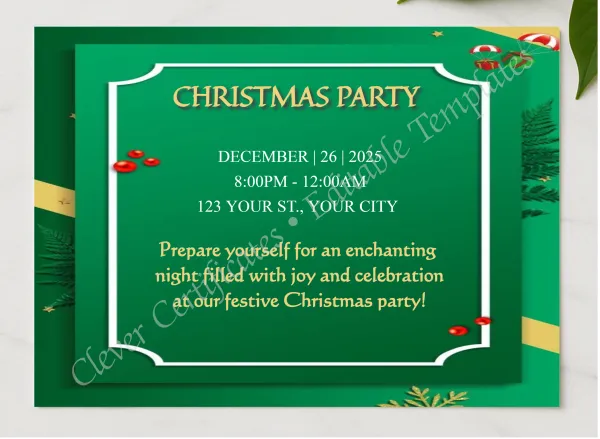 Editable Elegant Christmas Party Invitation Template presented in a sleek wooden frame, elegantly arranged on a stylish table.