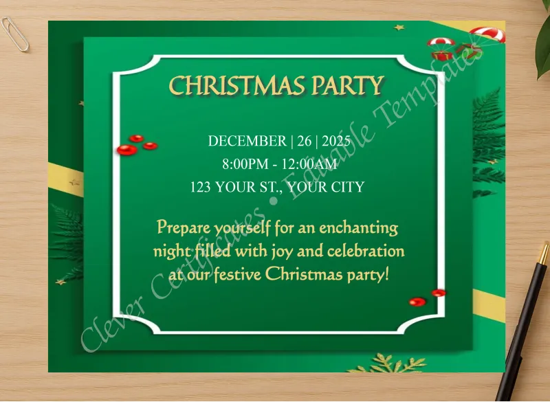 Professional preview of Editable Elegant Christmas Party Invitation Template certificate on high-quality stationery paper, ideal for showcasing the final look.