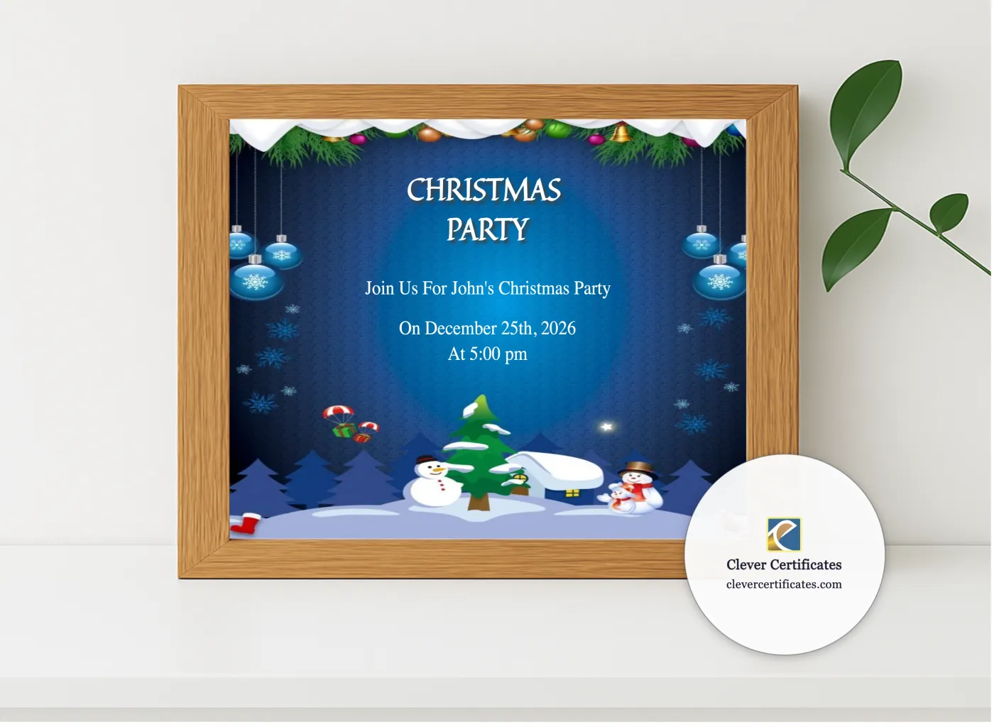 Realistic mockup featuring Editable Modern Christmas Party Invitation Template displayed within a modern frame, set against a minimalistic background.