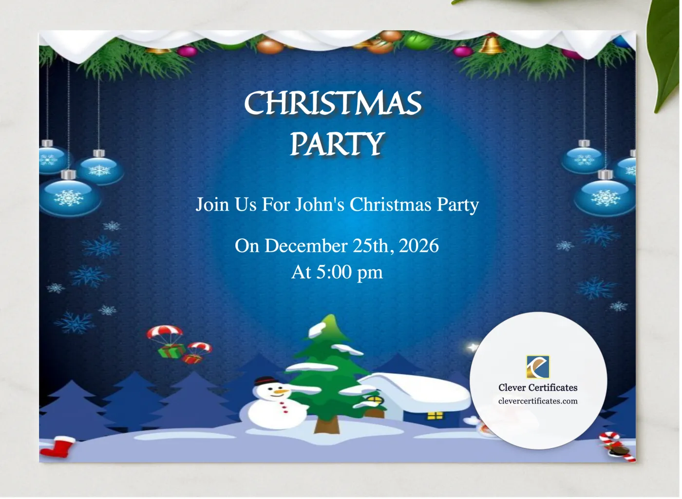 Editable Modern Christmas Party Invitation Template presented in a sleek wooden frame, elegantly arranged on a stylish table.
